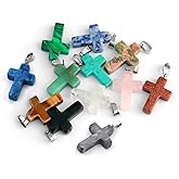 Cadikez 12PCS Natural Stone Cross Pendant, Healing Crystal Quartz Chakra Reiki Gemstone Pendants Charms Bulk for DIY Necklace Jewelry Making