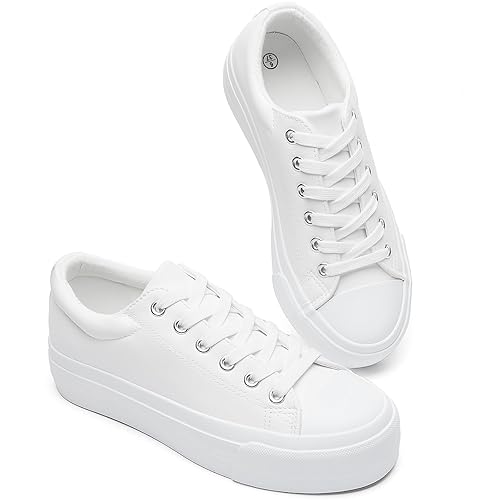 BABUDOG Womens Synthetic Leather Platform Sneakers,White Platform Shoes,Lace-up Tennis Shoes for Women,Comfortable Casual Shoes(White.US8)