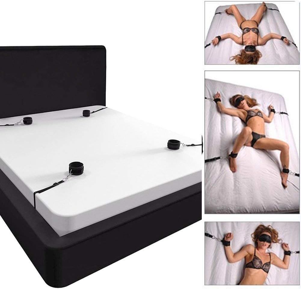 Under Bed Restraint System Kit - Adjustable Straps Fit Almost Any Size Mattress - Bondageromance Kit with Ankle Cuffs HandCuffs Soft Comfortable for Couples Adventure Handcuffs SM Sex Play