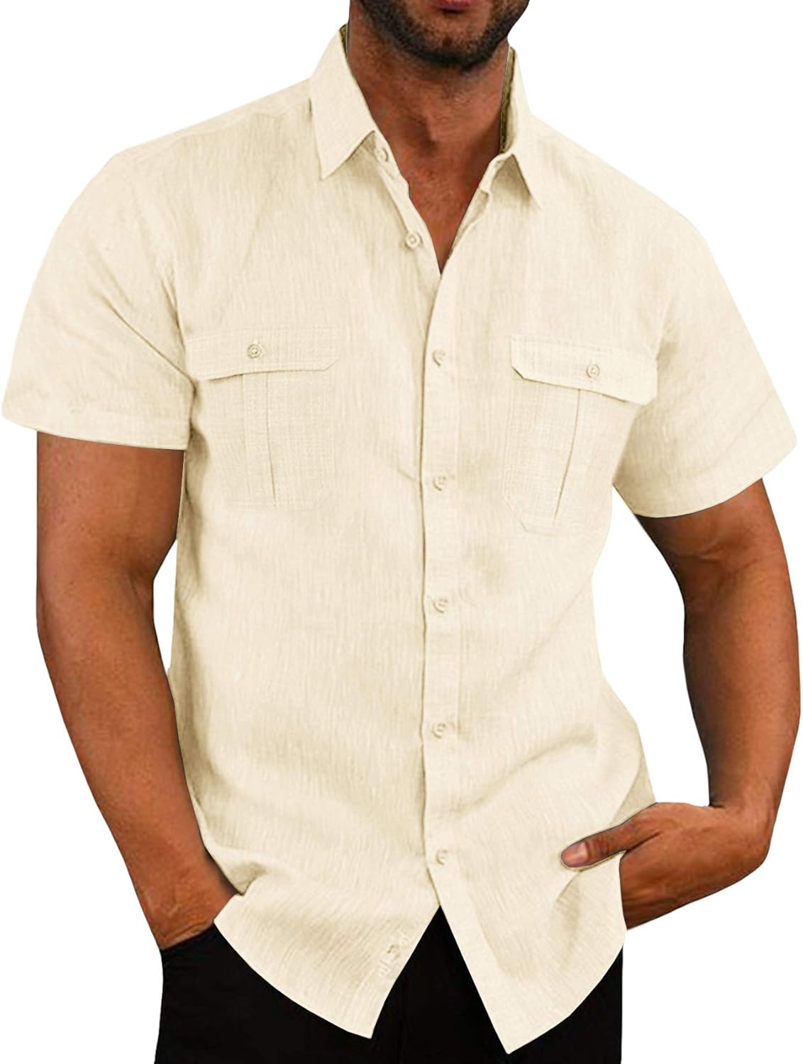 Men's Linen Button Down Shirt Casual Short Sleeve Beach Shirts Spread