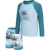 Boys Two Piece Rash Guard Swimsuits Set with Swim Trunk Kids Long Sleeve Bathing Suit Swimwear Set