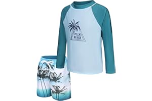 ZESTONIE Boys Two Piece Rash guard Swimsuits Set with Swim Trunk Kids Long Sleeve Bathing Suit Swimwear Set