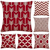 Faylapa 6 Pack Red Geometric Pillow Cases,Simple Stripe Cotton Linen Decorative Cushion Cover, Living Room Sofa Car Decorations 18×18 Inches (45×45cm)(Case ONLY)