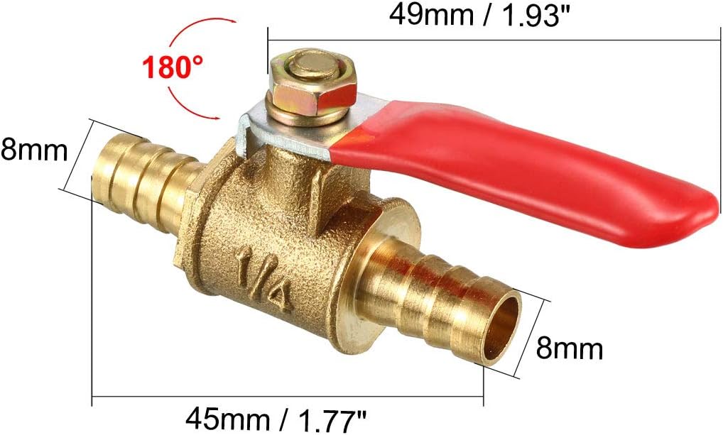 sourcing map 8mm Brass Barb x Barb Mini Ball Valve, 180 Degree Operation Handle 3 Pcs, 8mm Barb x Barb, 3 Pack - Image 3