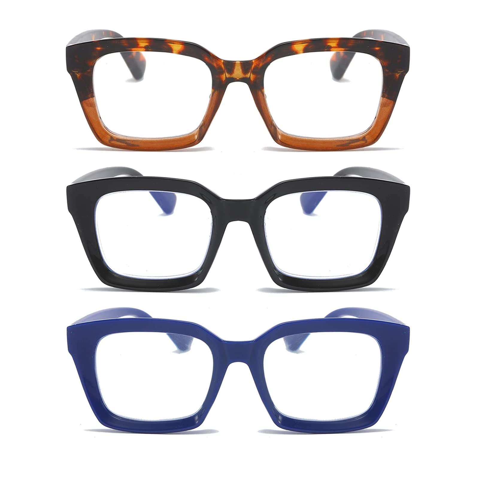 MMOWW 3-Pack Oversized Reading Glasses for Women - Anti Blue Light Glasses with Square Frame +3.0