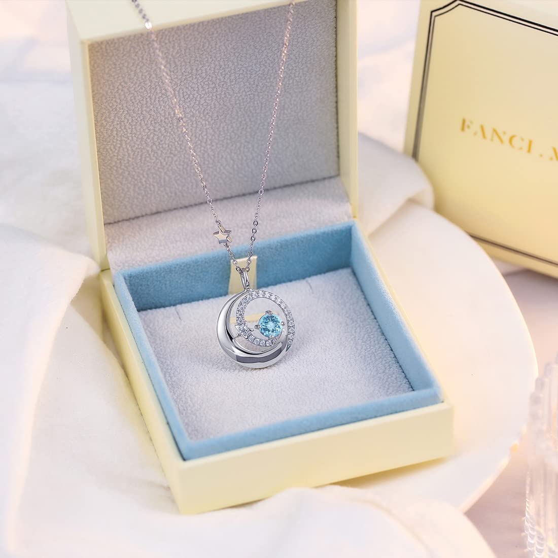 FANCIME Birthstone Necklaces 925 Sterling Silver Moon and Star Pendant Fine Jewelry Birthday Christmas Gifts for Mom Wife Her Daughter, Adjustable Chain 16+2