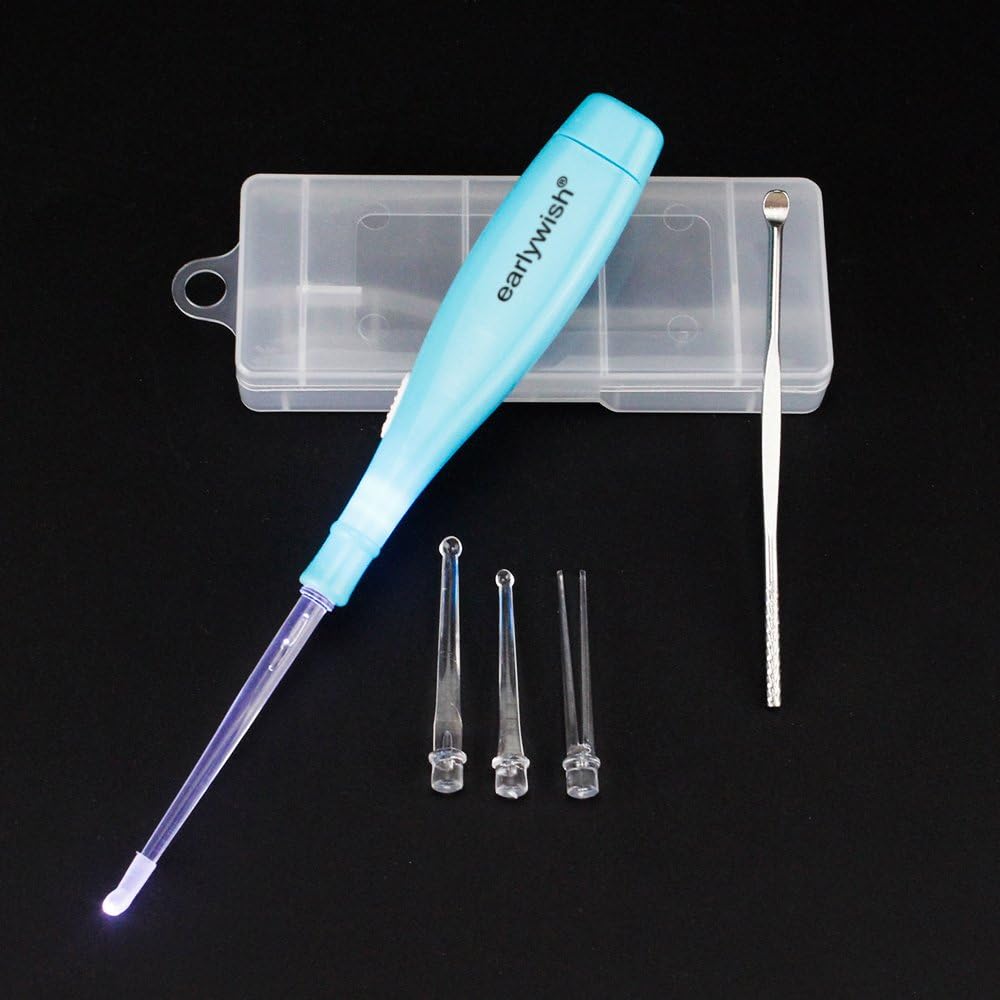 Earlywish Upgraded 6.75" Long Lighted Tonsillolith Pick Tonsil Stone Remover Tool with 5 Tips, Blue Handle with LED Light