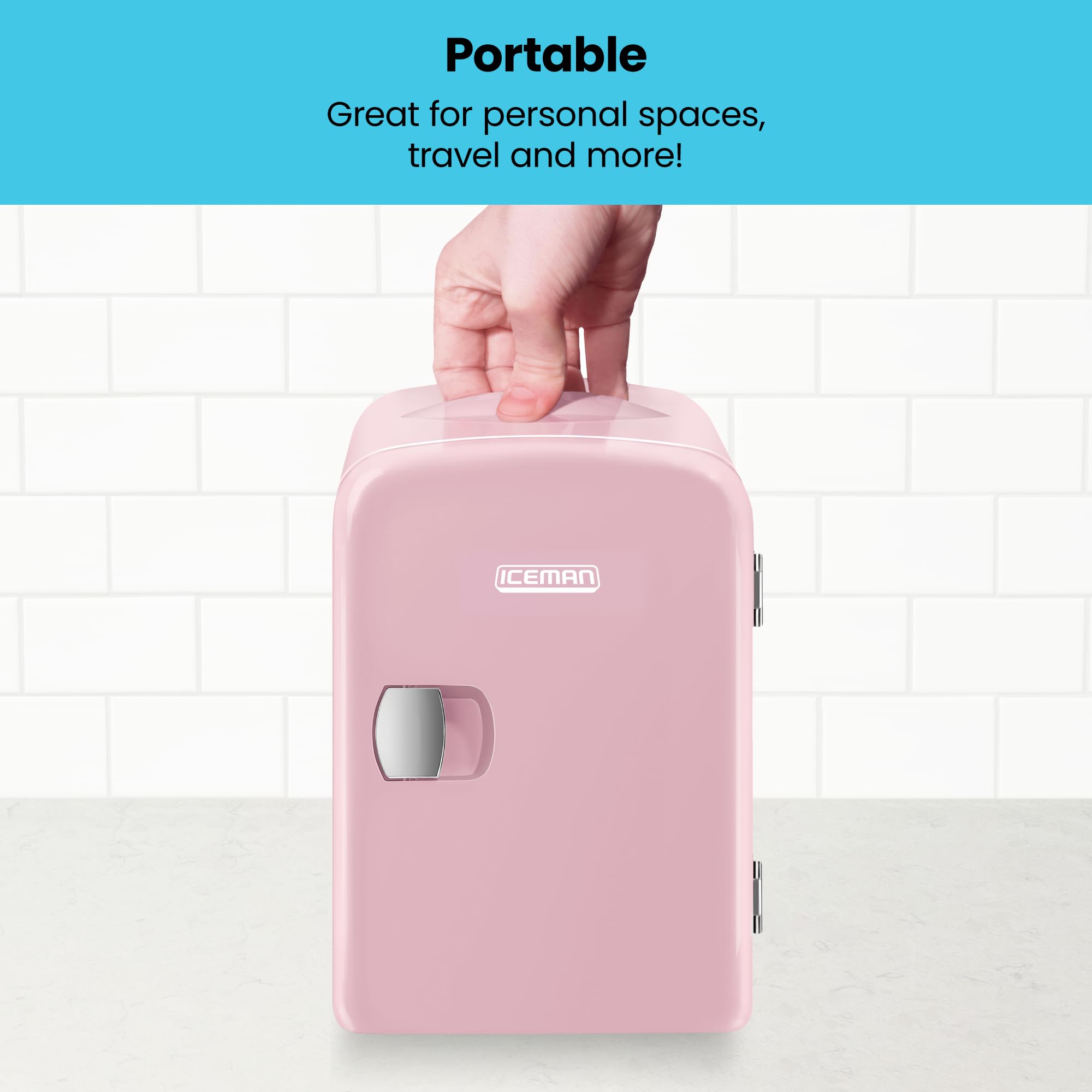Chefman - Iceman Mini Portable Pink Personal Fridge Cools Or Heats & Provides Compact Storage For Skincare, Snacks, Or 6 12oz Cans W/ A Lightweight 4-liter Capacity To Take On The Go, Pink