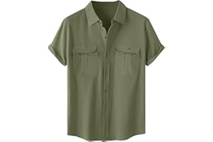 Mens Cotton Linen Shirts Button Down Short Sleeve Shirts Classic Casual Summer Hiking Fishing Shirt with Chest Pocket