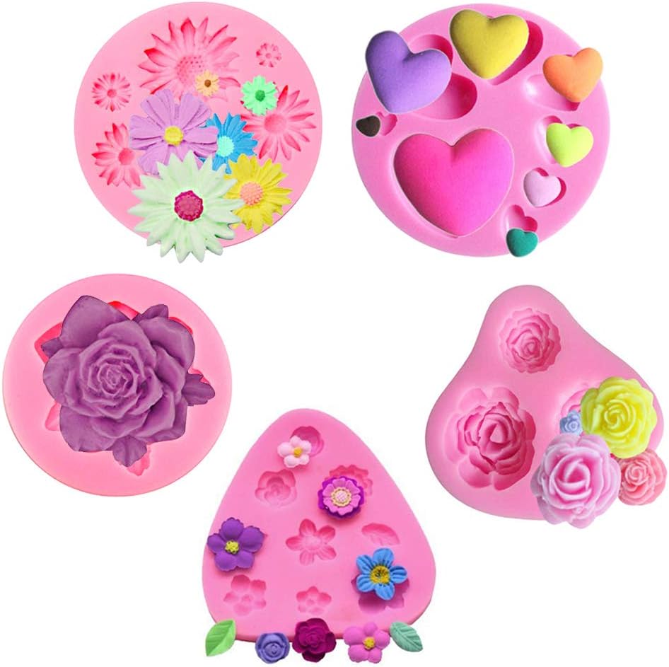 SIMUER 3D Blumen Form Silikon Backform Fondant Ausstechform Kuchen Fondant Dekorieren Schokoladenform DIY handgefertigt Tools 5 Stück (Rosa)
