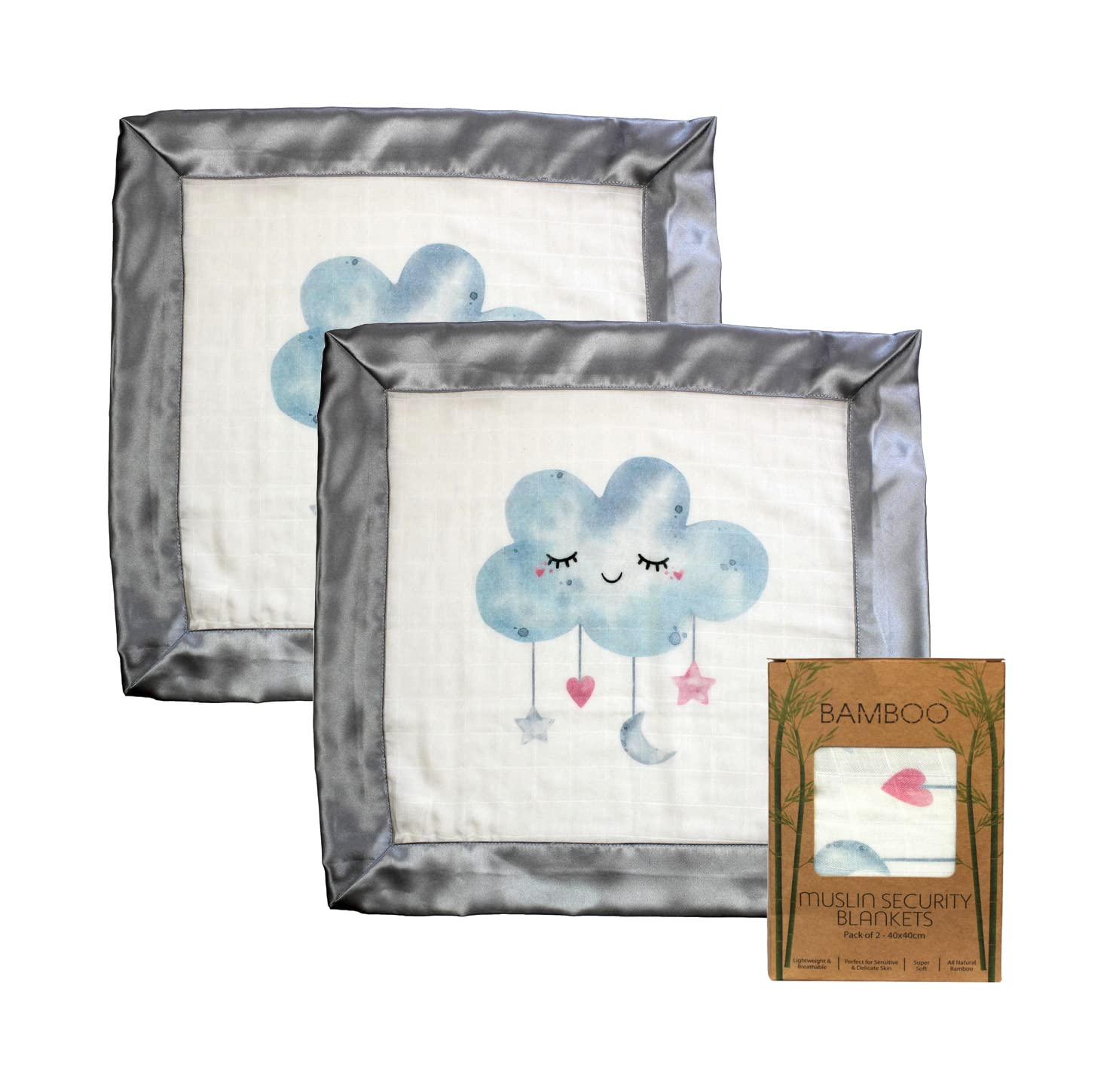 Immaculate Textiles Bamboo Baby Sensory Muslin Square/Comforter/Security Blanket - Pack of 2-40x40cm - 70% Bamboo / 30% Cotton with Satin Edge : Baby Boys or Girls (Sleeping Cloud) — image 1