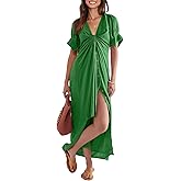 OWNGIGI Women's Maxi Dress Causal Wrap V-Neck Boutton Slit Puff Short Sleeve Beach Party A Line Boho Long Dresses Dark Green