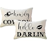 Funny Couple Lumbar Pillow Covers 12x20 Howdy Cowboy Hello Darlin’ Western Throw Pillowcases Rustic Farmhouse Decor Cushion Covers 2Pack for Cowboy Cowgirl Valentine Decorations (Beige)