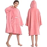 Hiturbo Kids Towel Changing Robe: Soft Plush Wearable Blanket - Warm Coral Fleece Hoodie - Swim Surf Poncho for 5-12 Years (Pink)