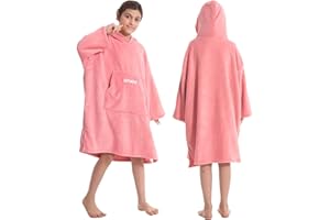 Hiturbo Kids Towel Changing Robe: Soft Plush Wearable Blanket - Warm Coral Fleece Hoodie - Swim Surf Poncho for 5-12 Years (Pink)