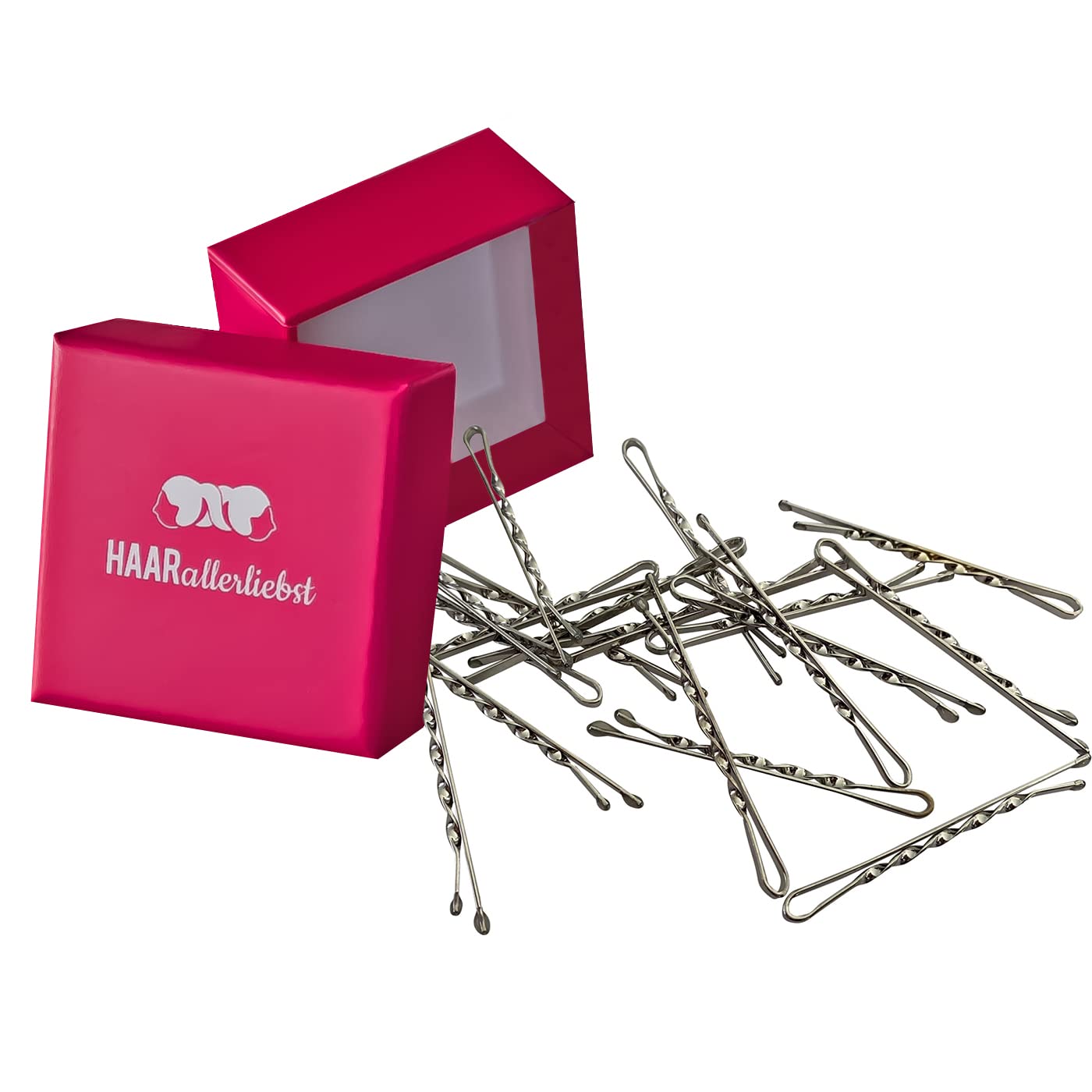 HAARallerliebst Twisted Hair Clips (Pack of 24 | 5 cm) Ultra Hold Including Storage Box (Silver, Box Colour: Pink)