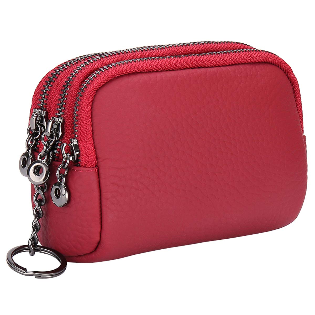 Aileder 3 Layer Zipper Coin Purse Womens Genuine Leather Cash Change Wallet Key Card Money Bag Purse with Key Ring (Wine Red)