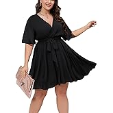 SCOMCHIC Women's Plus Size Summer Dresses Short Sleeve Wrap V Neck A Line Skater Mini Short Dress XL-4XL