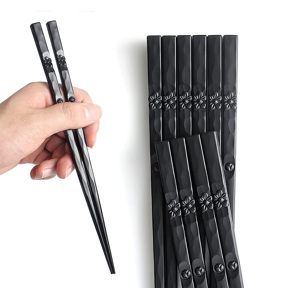 AOOSY 5 Pairs Fiberglass Dishwasher-Safe Black Floral Pattern Non-Slip Chopsticks with Gift Box