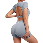 SUUKSESS 2 Piece Workout Sets for Women Open Back Gym Sets Woman Gym Shorts Pilates Crop Tops