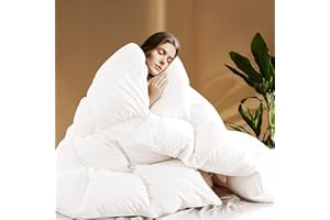 SHOUREN White Luxurious Goose Feather Down Fiber Comforter, All Season Hotel Collection Bed Comforter，Ultra Soft 100% Cotton Duvet Insert with Corner Tabs, Queen Size 90"X90"