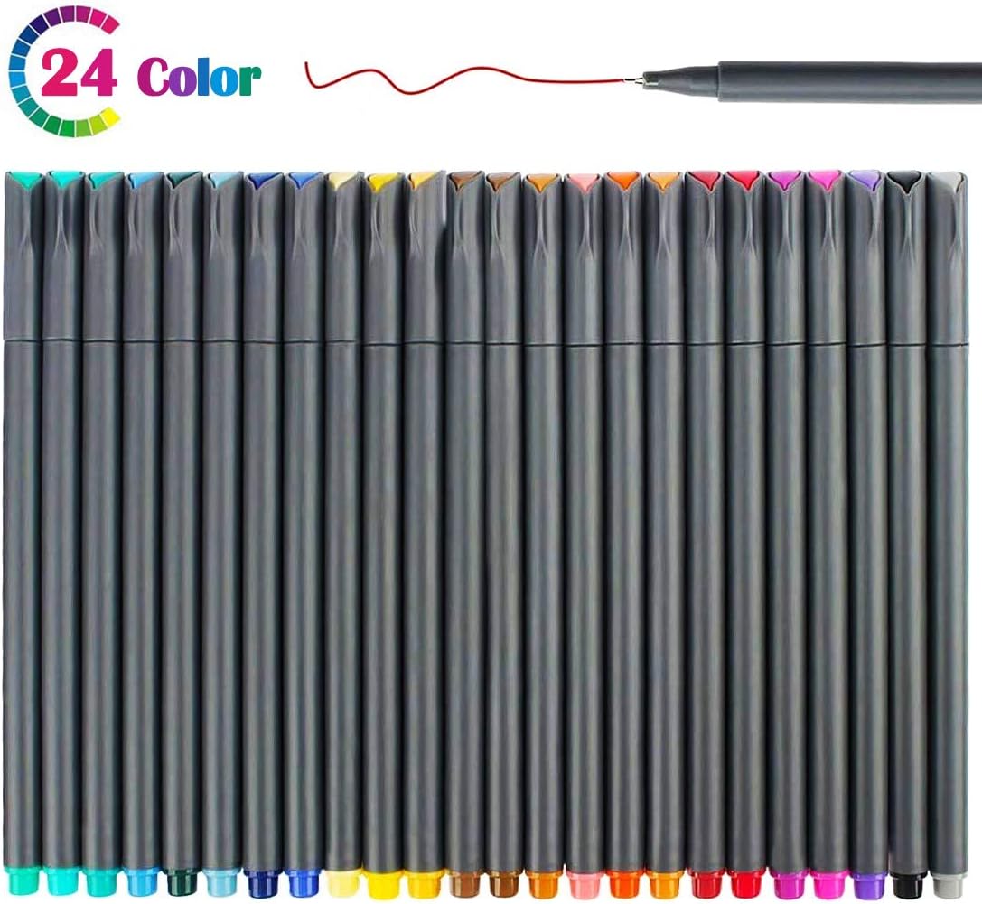 Fineliners Pens, 24 Assorted Colors, 0.38mm Fine Tip Drawing Pens for Bullet Journal Notebook，Colouring Book，Calligraphy and Drawing with Water Brush for Artists and Beginner Painters