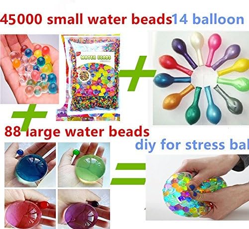 Big Water Beads Set 45000 Pcs +88 pcs large beads + 14 pcs balloons diy for stress balls Prime Water Gel Beads Pearls for Vase Filler Great for Wedding decor Home decor Vase filler Orbeez refill