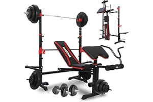 MAIDOMA 1500LB 6 IN 1 Olympic Weight Bench with Leg Extension & Leg Curl, Foldable Bench Press with Preacher Curl & Squat Rack, Workout Benches with Safety Bar Catches for Home Gym(US Stock)