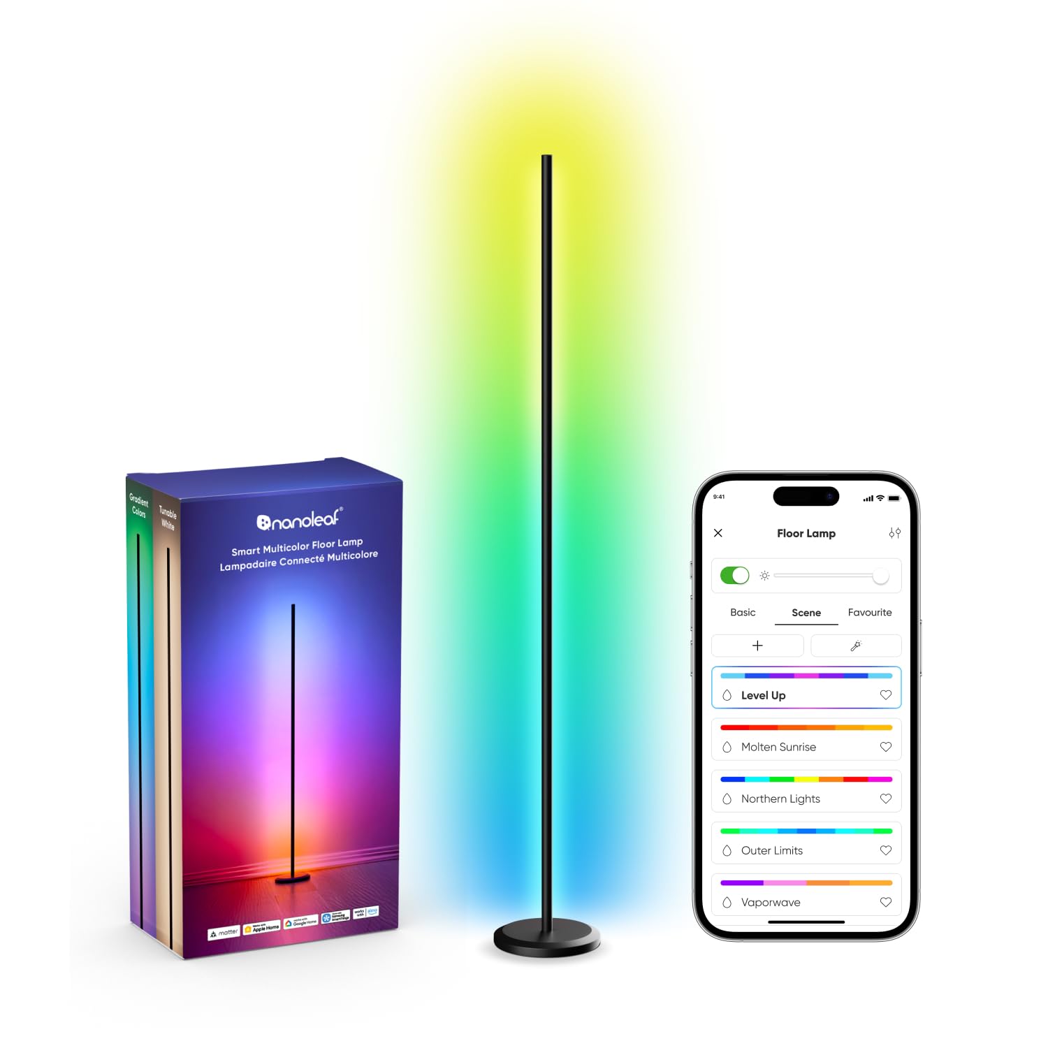 Nanoleaf Matter Smart Stehlampe Schwarz, RGB IC LED Floor Lamp Dimmbar, Musik Sync, Dynamische Gradient Szenen, 1700lm, App & Sprachsteuerung (Funktion mit Alexa, Apple), Schlafzimmer Gaming Deko