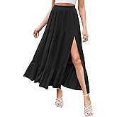HAEOF Women's 2025 Summer Flowy Boho Maxi Skirt Trendy Slit Elastic High Waist A Line Beach Long Skirts with Pockets
