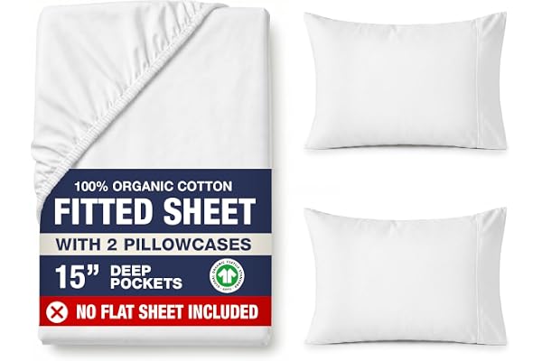 Lane Linen Queen Fitted Sheet 100% Organic Cotton & 2 Pillowcases - White | GOTS Certified, 2 Pillowcases, Machine Washable,