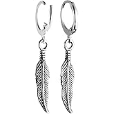 HZMAN Bike Punk Stainless Steel Feather Design Hoop Earrings, Christmas Thanksgiving New Year Wedding Gift (Feather Design Silver)