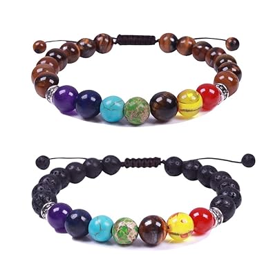 ULGAI Armband aus Natursteinen (1-3 Stück), 7 Stein Chakra Reiki-Energietherapie Perlenarmband für Damen und Herren, Lavastei