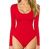 RICWDFUL Bodysuit for Women Long Sleeve Shapewear Bodysuits Tummy Control Sexy Round Neck Body Suits Slimming Scoop Tops