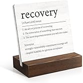 Juoqg Recovery Definition Acrylic Plaque with Wooden Stand, Funny Sober Encouragement Office Desk Sign, Beat Breast Cancer Recovery Sign, Cancer Survivor Gifts for Women, Strong Woman Present