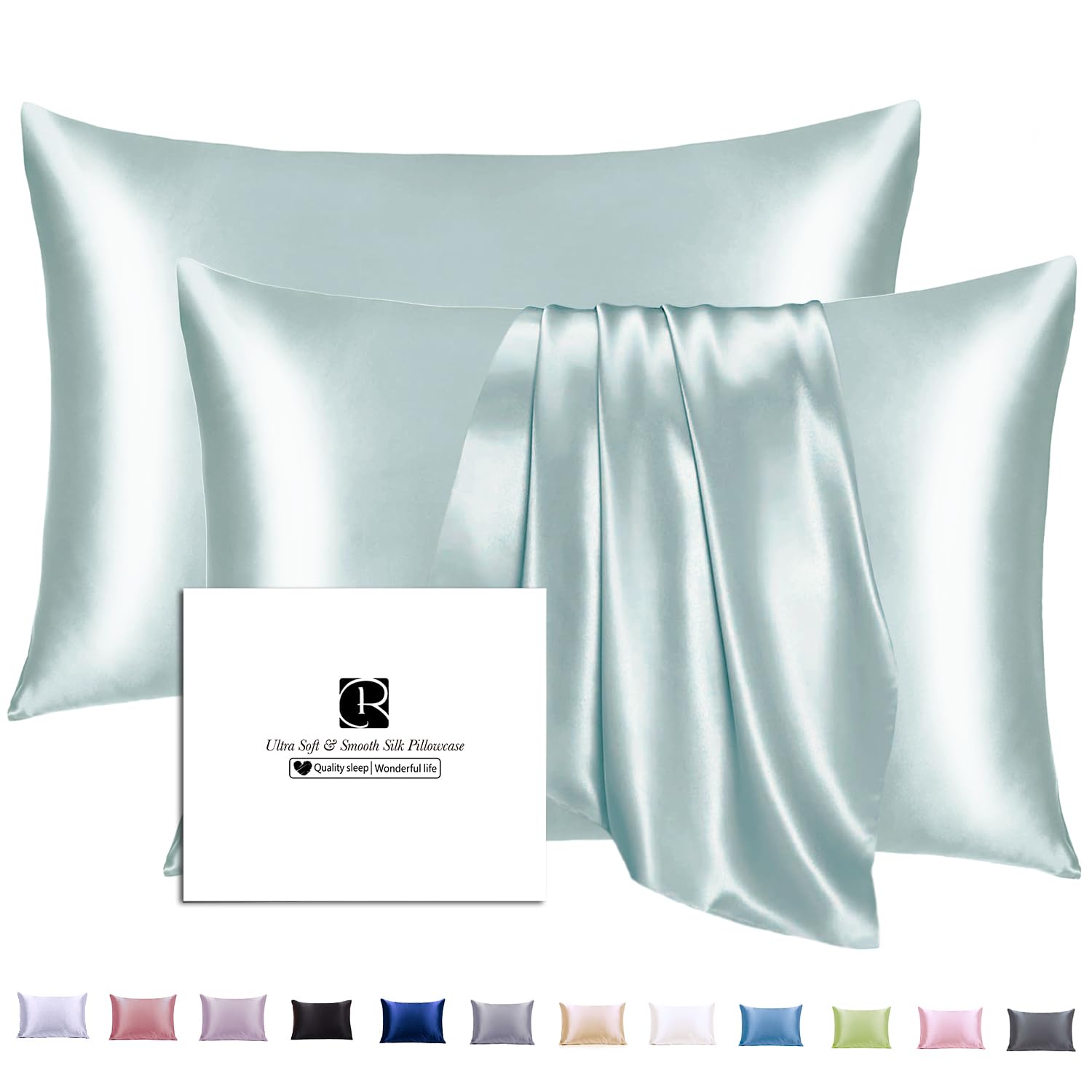 Ravmix Silk Pillowcase for Hair and Skin 21Momme Both Sides Mulberry Silk Pillow Case with Hidden Zipper, 2 Pack, Standard 50×75 CM, Aqua — image 1