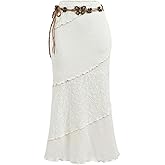 Milumia Women's Y2K Summer Boho Bodycon Long Skirts Crochet Knitted Lettuce Trim Midi Skirt with Belt