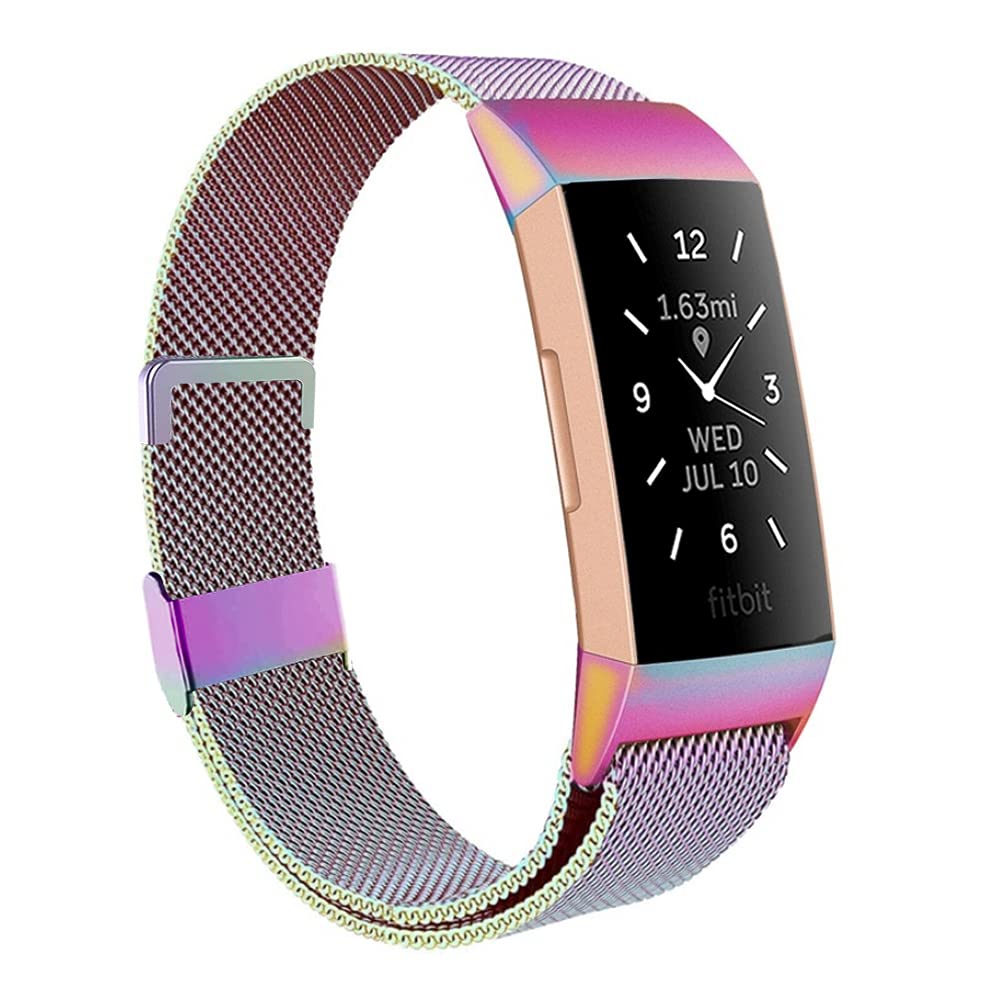 Moydolo Compatible with Fitbit Charge 3 Strap/Fitbit Charge 4 Strap, Men Women Stainless Steel Metal Adjustable Magnetic Lock Loop Mesh Replacement Band for Charge3/Charge 4/Charge 3 SE,Large Colorful