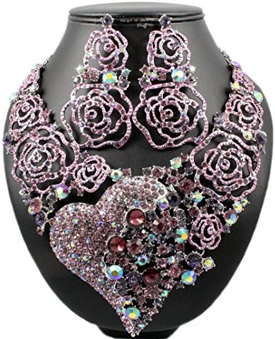 Janefashions Rose Heart Purple Austrian Rhinestone BIB Necklace Earrings Set Bridal N1639P (Pink)
