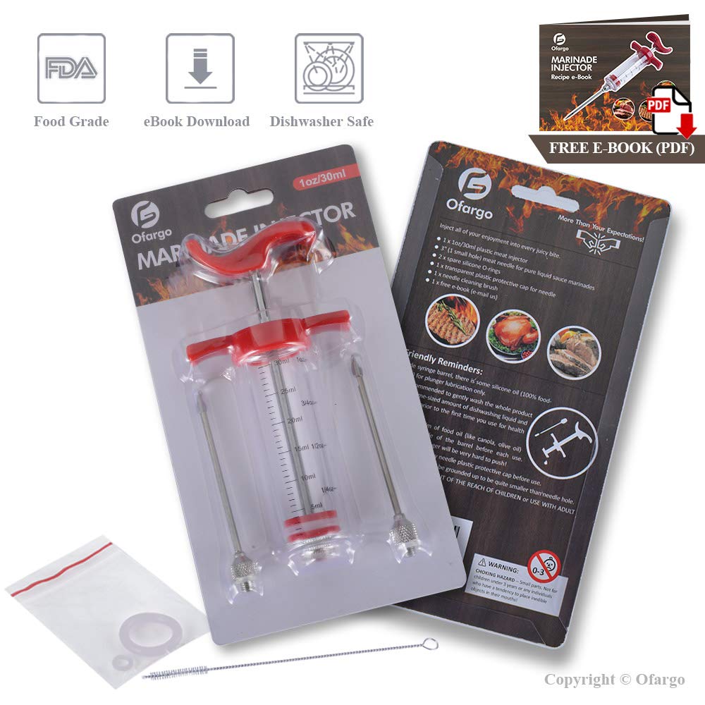 Ofargo Plastic Marinade Injector Syringe with Screw-on Meat Needle for BBQ Grill, 1-oz, Red, Recipe E-Book