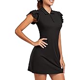 Soneven Tennis Dress for Women Floral Ruffle Sleeve Golf Dresses with Shorts and Pockets 1/4 Zip Golf Outfits