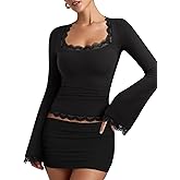 REORIA Womens 2025 Fall Fashion Square Neck Lace Long Bell Sleeves Shirts Double Lined Casual Slim Fit Tops