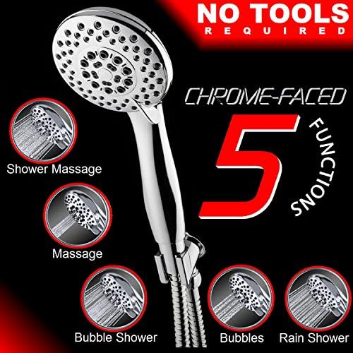 Shower Excellence Chrome Finish Super Luxury Spa &amp; Hotel Quality 5 Setting Variable Spray Oversized Handheld Shower Head by OjoLife Innovations - Extra Long 6 Foot Stainless Steel Hose &amp; Holder