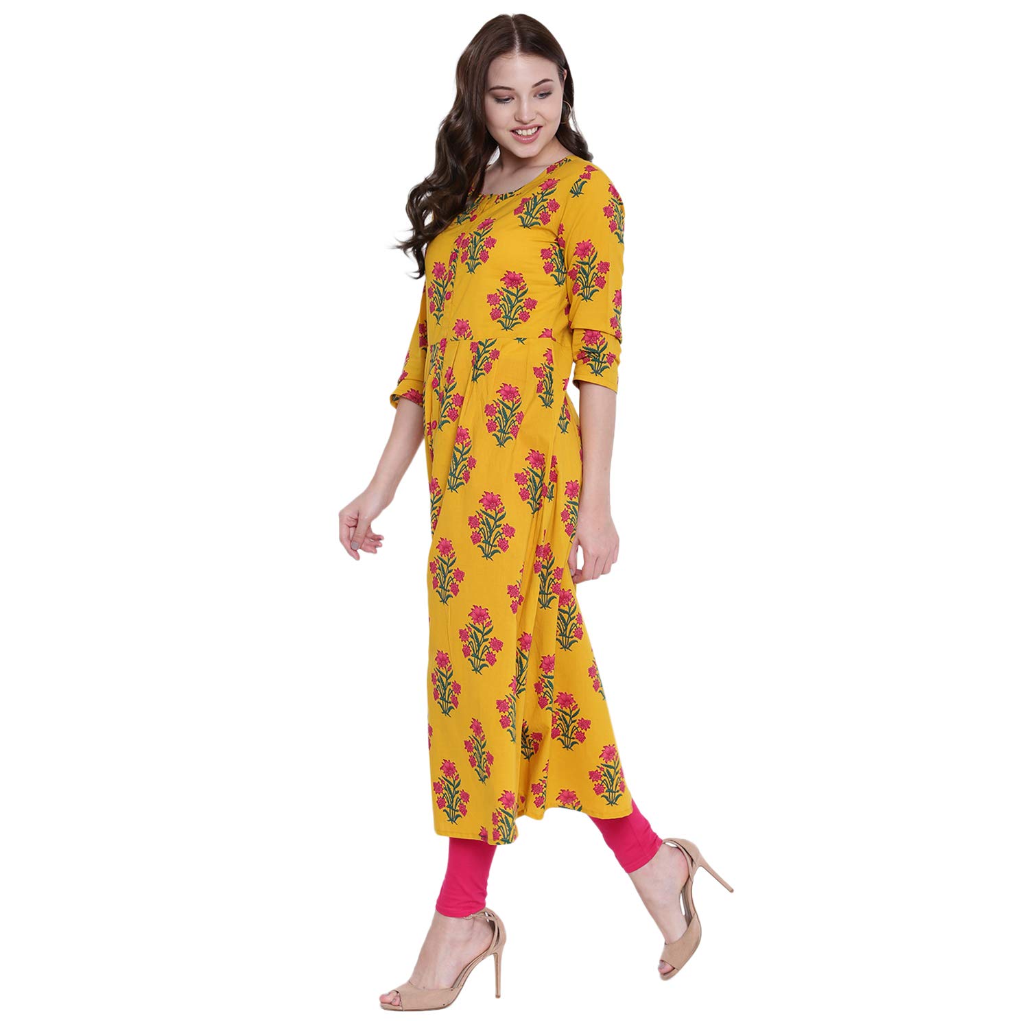 gulmohar jaipur women's cotton a-line kurti (yellow)