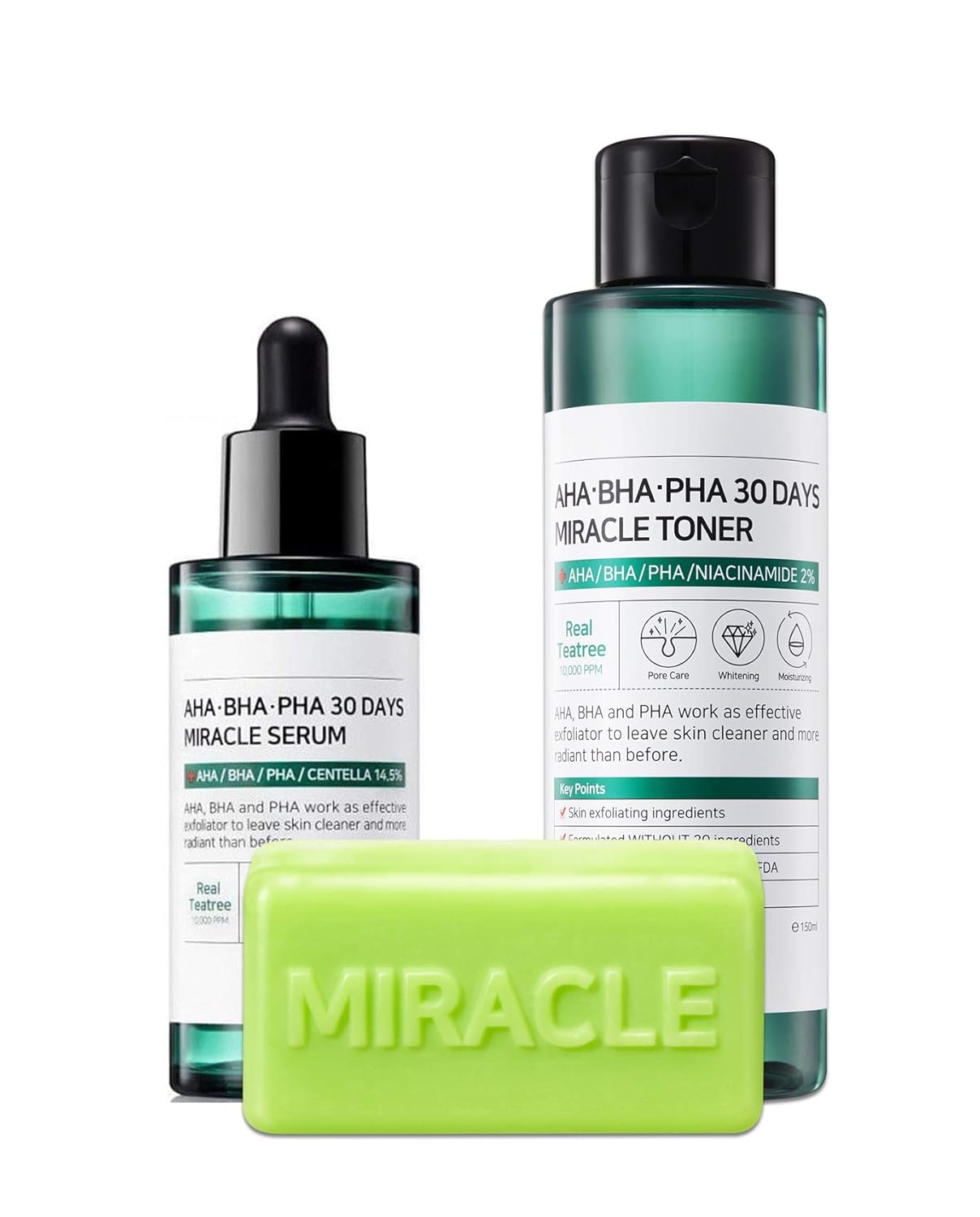 Somebymi AHA BHA PHA Miracle Toner & Serum & Cleansing Bar Soap Set (150ml+50ml+106g) Anti-acne Exfoliation Hydration Brightening