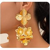Gold Statement Flower Earrings for Women Heart Geometric Metal Pleated Floral Drop Dangle Earrings Exaggerated Shiny Petal Earring Jewelry Gifts