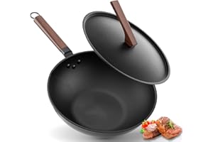 JUSTUP Carbon Steel Wok Pan,13 Inch Nonstick Wok with Lid,No Chemical Coated Woks & Stir-Fry Pans with Anti Scald Handle,Chinese Wok Cookware for Induction, Electric, Gas Stove, All Stoves (13Inch)