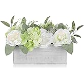 DILATATA Flower Arrangement with Wooden Vase 10" Artificial Flowers in Pot - Fake Flowers in White Rectangular Wooden Vase Potted Faux Flower Centerpieces for Table Decor Living Room - White