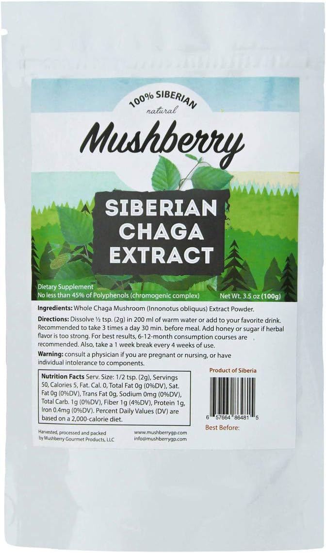 Mushberry Siberian Chaga Mushroom Organic Extract Powder 3.5 oz 100 g | Powerful Immune & Energy Booster | Truly Wild Harvest Superfood | Powerful Antioxidant | Improves Digestion | Highest ORAC Value