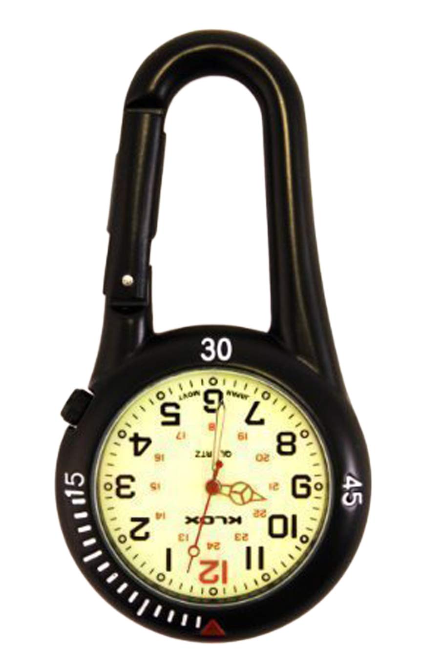 Klox Black Clip on Carabiner FOB Watch Luminous Face Ideal for Doctors Nurses Paramedics